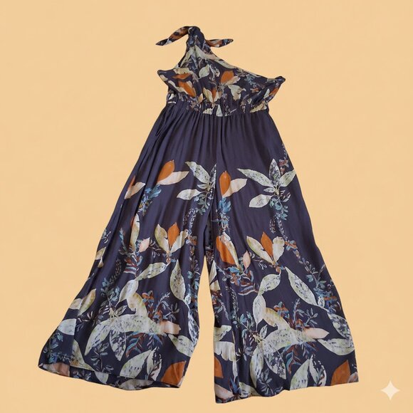 Free People Women's Size Large Island Time Denim Blue Print Midi Jumpsuit - Picture 5 of 16